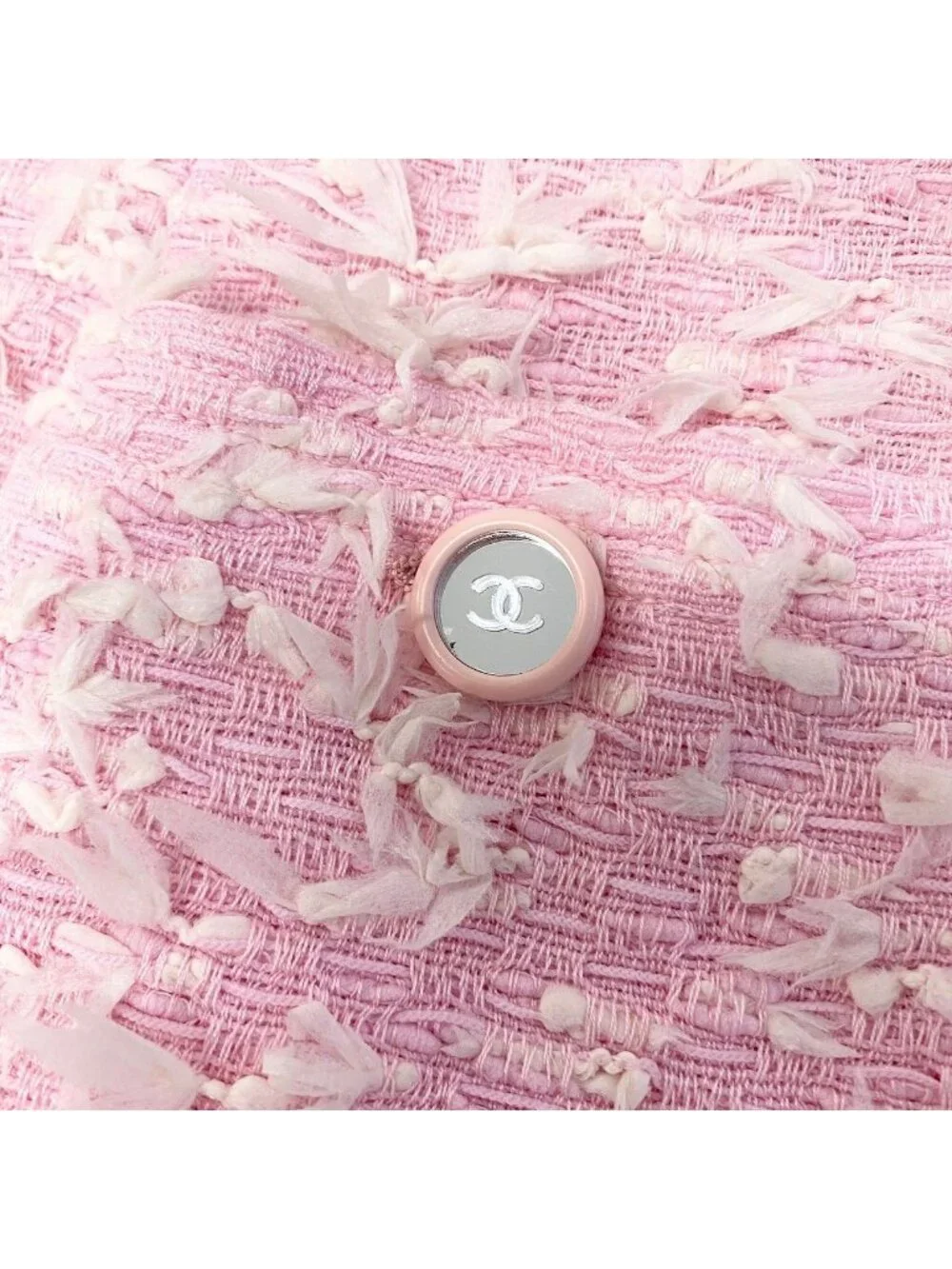 Chanel Boutique Fancy Tweed Jacket Pockets CC Logo Mirror Button Pink